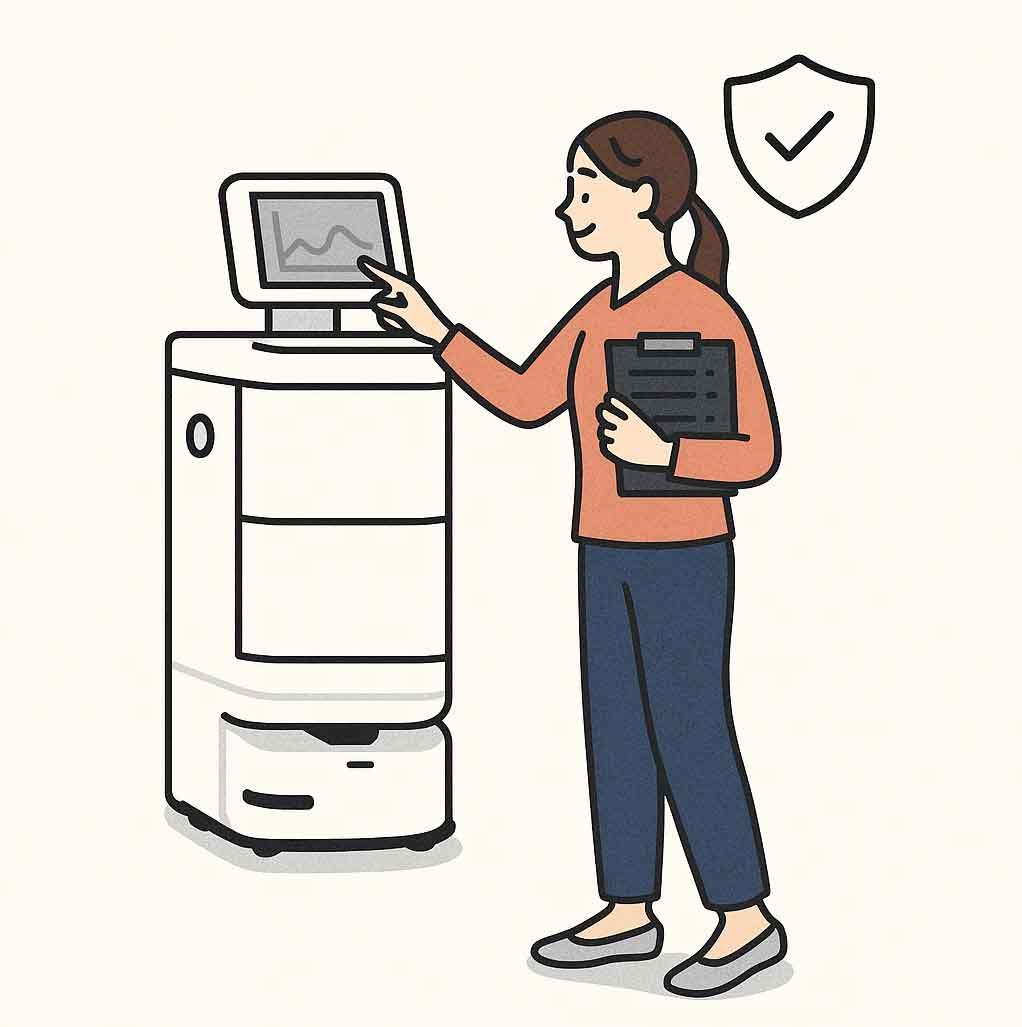 スタッフがロボットをチェックしているイラスト画像