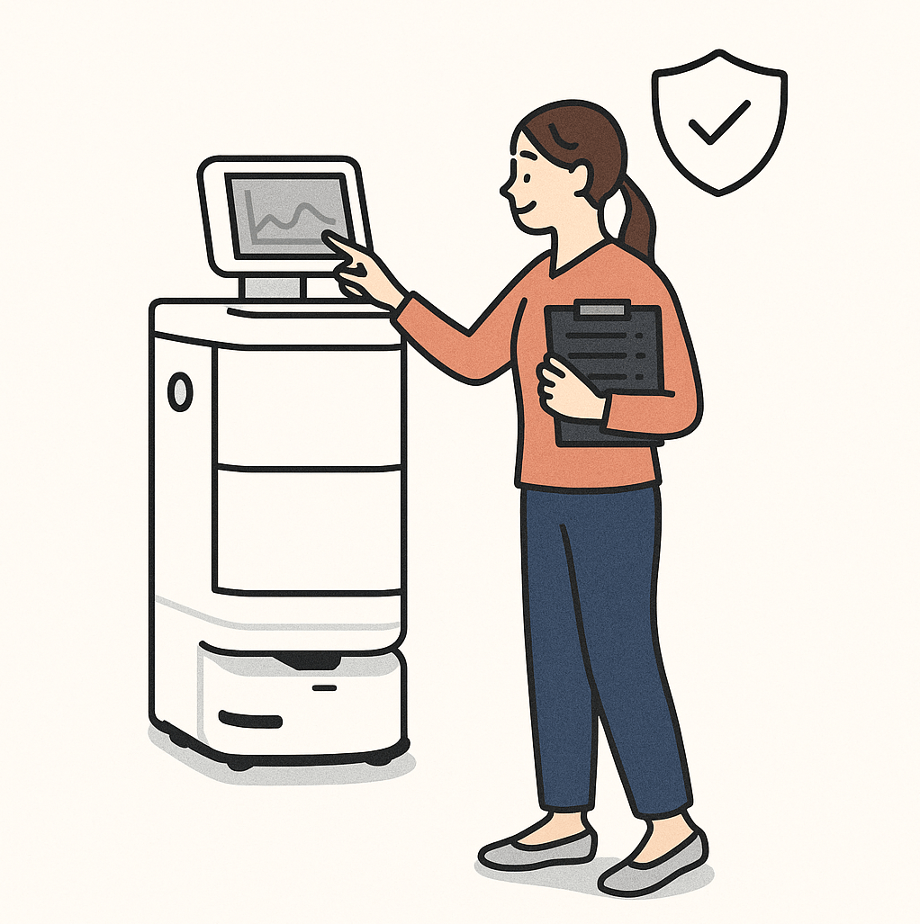 スタッフがロボットをチェックしているイラスト画像