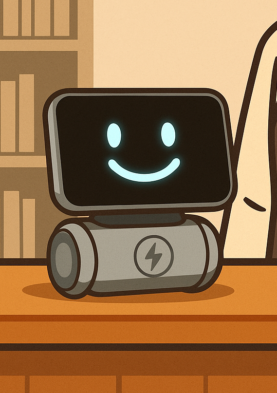 書店の店舗内に設置されたスマホをセットするとロボットになる端末でエンタメを楽しんでいるイラスト画像