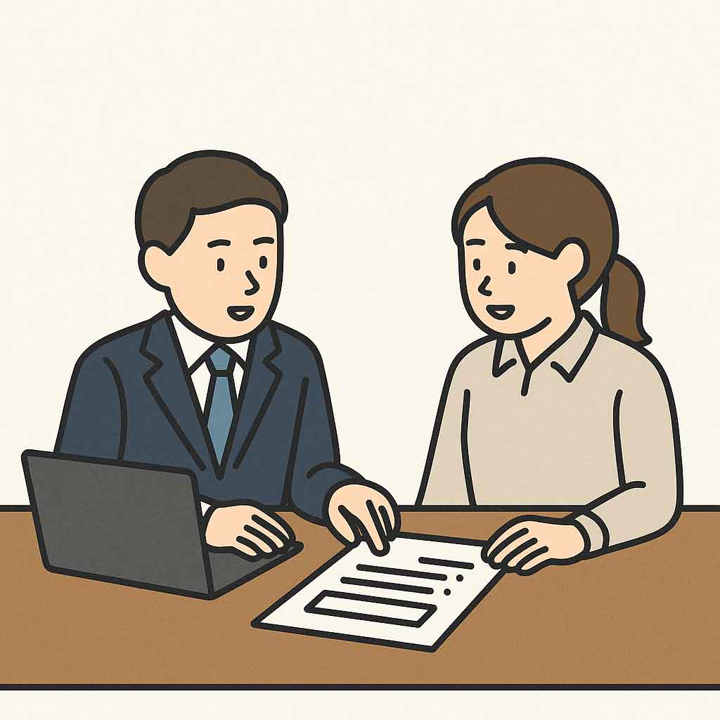 スタッフと技術者が会議室で打ち合わせっしているイラスト画像