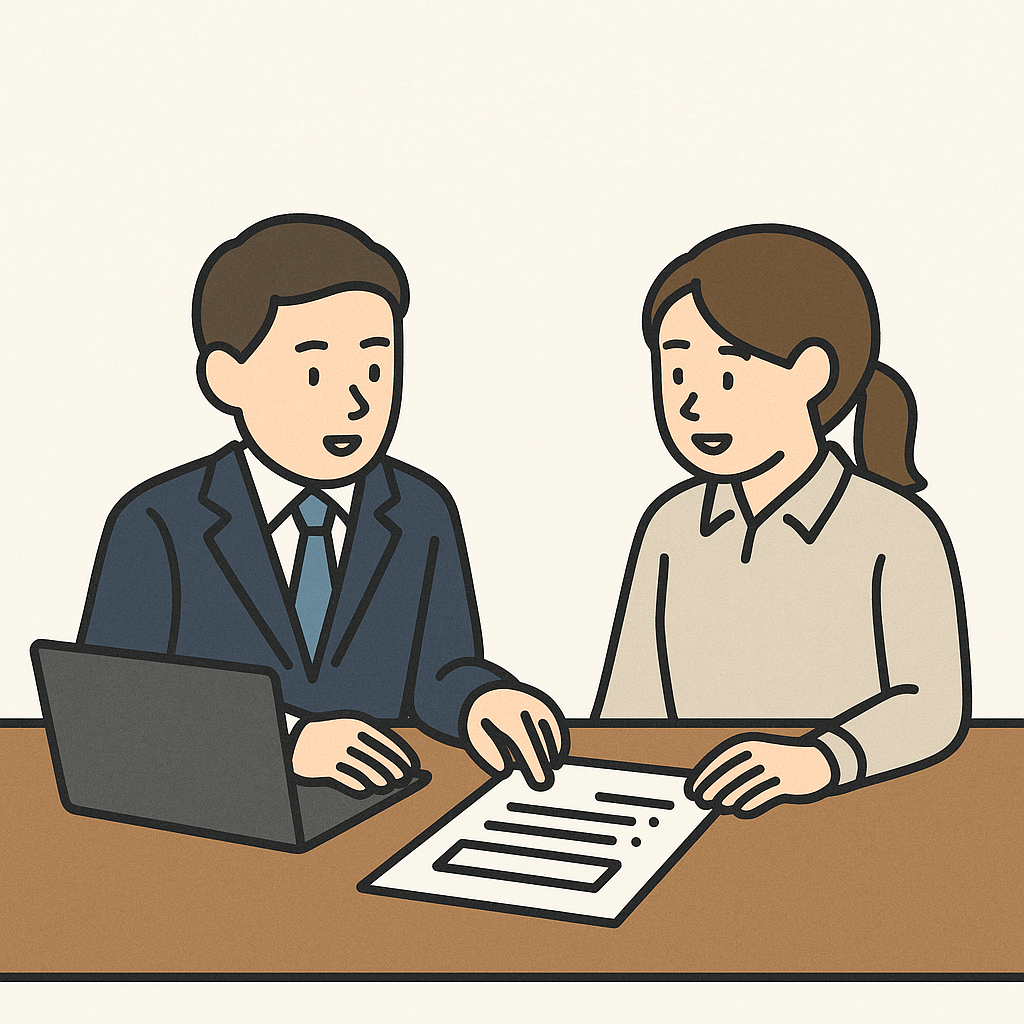 スタッフと技術者が会議室で打ち合わせっしているイラスト画像